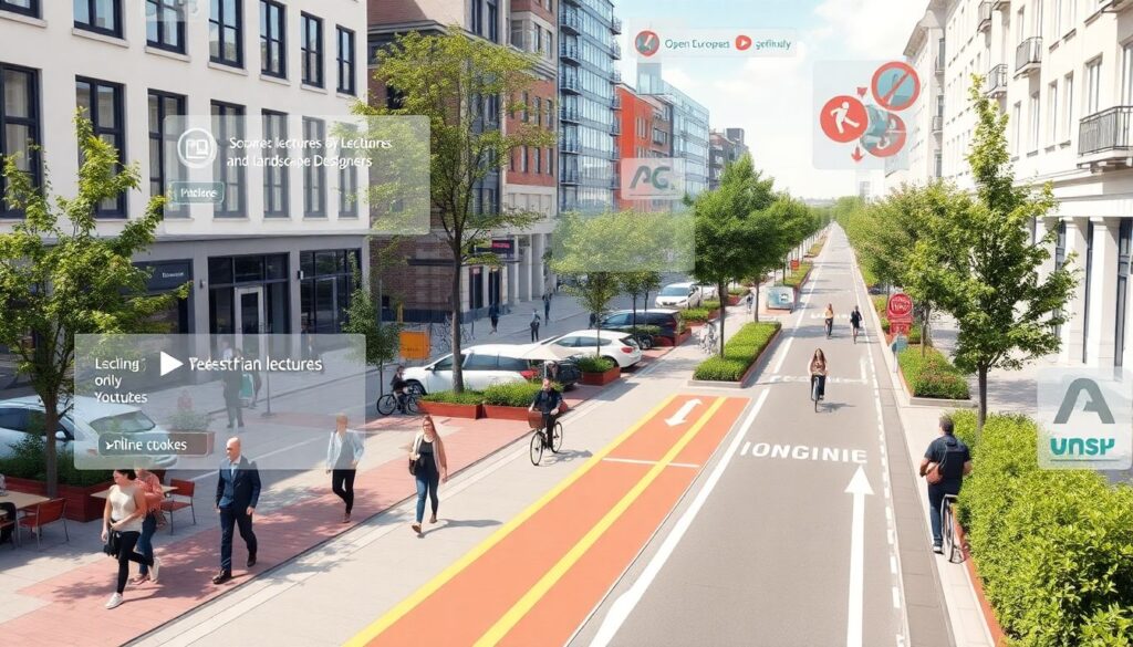 Зеленые коридоры и пешеходные зоны в мегаполисах - иллюстрация