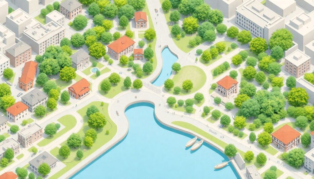 Зеленые коридоры и пешеходные зоны в мегаполисах - иллюстрация