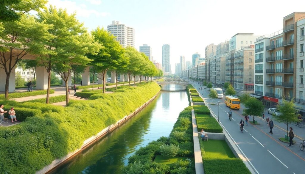 Зеленые коридоры и пешеходные зоны в мегаполисах - иллюстрация